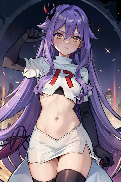 masterpiece, best quality, best 8k wallpaper, 
1 girl, cowboy shot, long hair, purple hair, bangs, yellow eyes, earrings, hair between eyes, hair ornament,team rocket,team rocket uniform,white skirt,red letter R,crop top,black thigh-highs,black elbow glove...