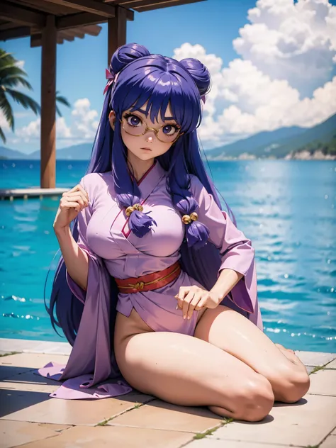 Garota anime cabelo purple com kimono pink sexy, with sunglasses, Ray-Ban Sunglasses, 16 anos, corpo bonito, seios grandes, with your hands on your chest, hand on breasts, hand on breasts, Hand on bust, hand on breasts, hand on hip, Garota sexy, purple cab...