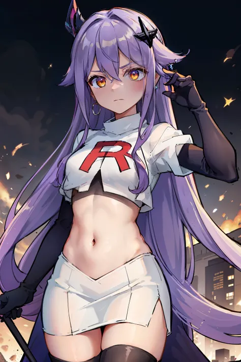 masterpiece, best quality, best 8k wallpaper,
1 girl, cowboy shot, long hair, purple hair, bangs, yellow eyes, earrings, hair between eyes, hair ornament,team rocket,team rocket uniform,white skirt,red letter R,crop top,black thigh-highs,black elbow glove...