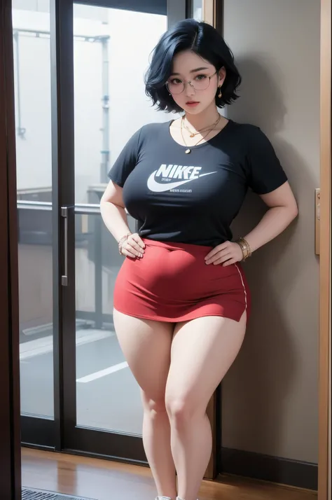 ((best quality)), ((masterpiece)), (detailed), perfect face, 1girl, thick body, japanese-Indonesian goddess ,high resolution , high quality , slightly fat round belly, thick thighs, polite t-shirt covered her belly , wearing a thight skirt , wearing nike s...