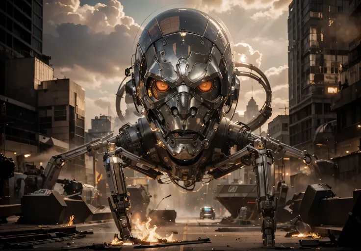 Robot caminante gigante, Rostro de hombre con rasgos rusos., metallic skin, ojos rojos, Bionic eyes, Cyborg gigante, robot, Science fiction, mechanical arachnoid legs, Realista metallic texture, tubos coming out of his head, tubos, cables, Detalles morados...