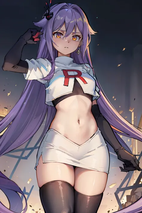 masterpiece, best quality, best 8k wallpaper,
1 girl, cowboy shot, long hair, purple hair, bangs, yellow eyes, earrings, hair between eyes, hair ornament,team rocket,team rocket uniform,white skirt,red letter R,crop top,black thigh-highs,black elbow glove...