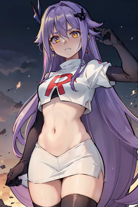 masterpiece, best quality, best 8k wallpaper,
1 girl, cowboy shot, long hair, purple hair, bangs, yellow eyes, earrings, hair between eyes, hair ornament,team rocket,team rocket uniform,white skirt,red letter R,crop top,black thigh-highs,black elbow glove...