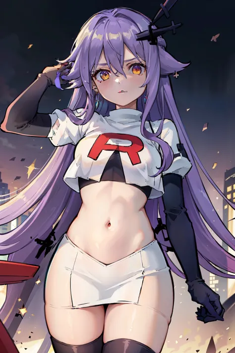 masterpiece, best quality, best 8k wallpaper,
1 girl, cowboy shot, long hair, purple hair, bangs, yellow eyes, earrings, hair between eyes, hair ornament,team rocket,team rocket uniform,white skirt,red letter R,crop top,black thigh-highs,black elbow glove...