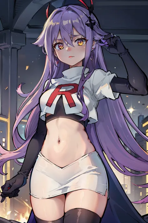 masterpiece, best quality, best 8k wallpaper,
1 girl, cowboy shot, long hair, purple hair, bangs, yellow eyes, earrings, hair between eyes, hair ornament,team rocket,team rocket uniform,white skirt,red letter R,crop top,black thigh-highs,black elbow glove...
