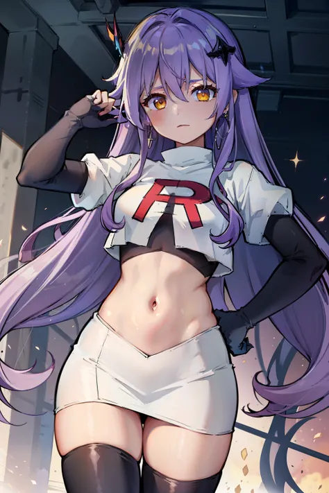 masterpiece, best quality, best 8k wallpaper,
1 girl, cowboy shot, long hair, purple hair, bangs, yellow eyes, earrings, hair between eyes, hair ornament,team rocket,team rocket uniform,white skirt,red letter R,crop top,black thigh-highs,black elbow glove...