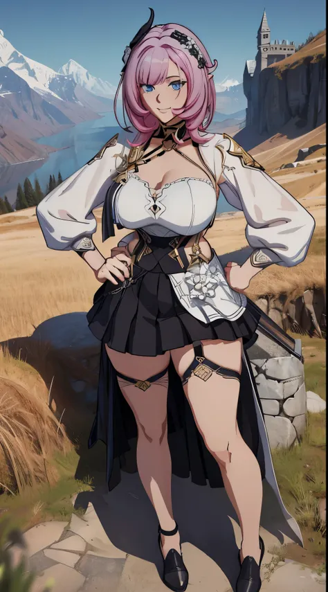 Elysia LoRa, woman character, face detailed, wonderful, white and black dress, loose skirt, short skirt, suspenders, headband, attractive stance(body), super detailed, fitness, epic, medieval landscape.