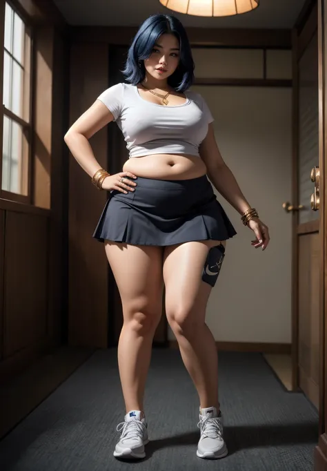 ((best quality)), ((masterpiece)), (detailed), perfect face, 1girl, thick body, japan-Indonesian goddess ,high resolution , high quality , slightly fat round belly, thick thighs, polite t-shirt covered her belly , wearing a thight skirt , wearing nike snea...