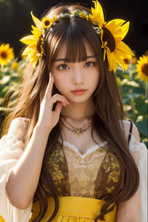 (  absurdly , high quality , Super detailed ) ,( Hand Detail ) , angel night、1 girl, alone,  very long hair, sunflower hair , 美しいクリスタルのeye ( eye ) baroque, necklace, elegant, colorful、mini skirt