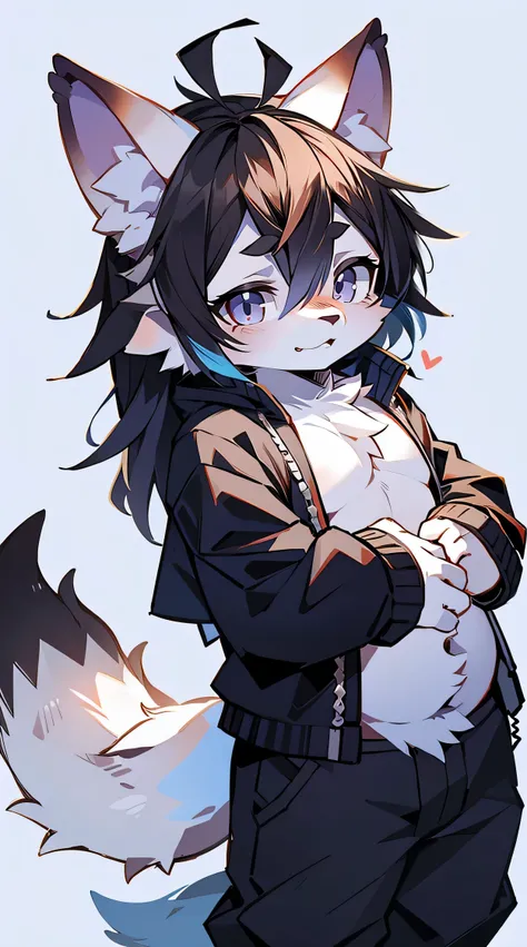 The male wolf is 180 cm tall，blue-purple eyes, , long black hair, end,The crotch is slightly raised，white，with smile，two small ears，white-skinned 0-year-old wolf，深blue-purple eyes, long black hair, 稍微突出with smile, Two pointed ears, and white skin.Face you,...