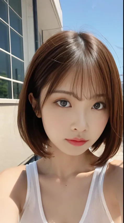 table top, highest quality, Japanese 0.1 : Korean 0.1 : Taiwan 0.3 girls、figure, super detailed, finely, High resolution, 8K、perfect eyes、Big eyes、beautiful and fine eyes, Brown-haired short bob cut,small breasts、natural color lip, bold sexy pose、20 year o...