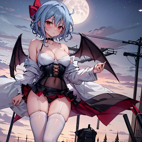 Remilia toho character, (solo:1.2), (standing on deck of mansion:1.1), a full moon, midnight, BREAK, short hair, collarbone, very perky large breasts, (emphasize cleavage), (inconceivably thin waist:1.2), (very short thin torso:1.2), very long (thin legs),...