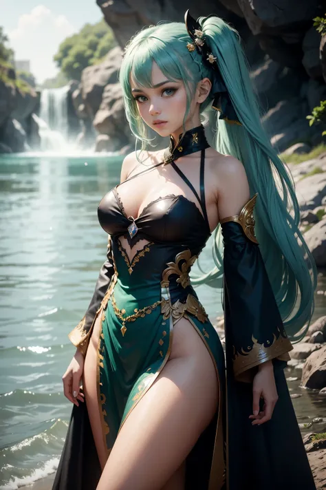 1girl, solo, hair ornament, green hair, twintails, long hair, dress, water,, mid shot portrait photo of (Faruzan) from Genshin Impact,, dark fantasy background, charming smirking., by Greg Rutkowski and Walt Disney ultra realistic highly detailed intricate...