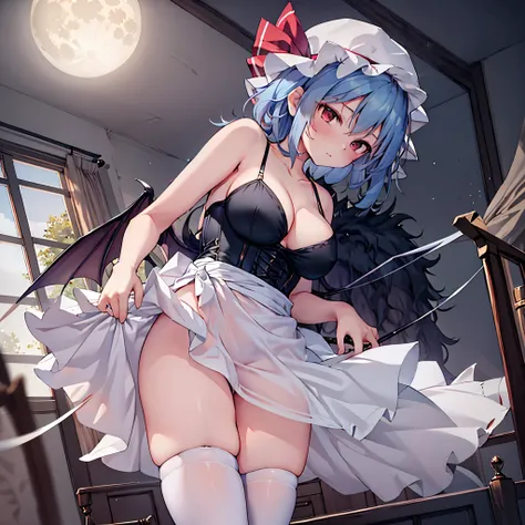 Remilia toho character, (solo:1.2), (standing on deck of mansion:1.1), a full moon, midnight, BREAK, short hair, collarbone, very perky large breasts, (emphasize cleavage), (inconceivably thin waist:1.2), (very short thin torso:1.2), very long (thin legs),...