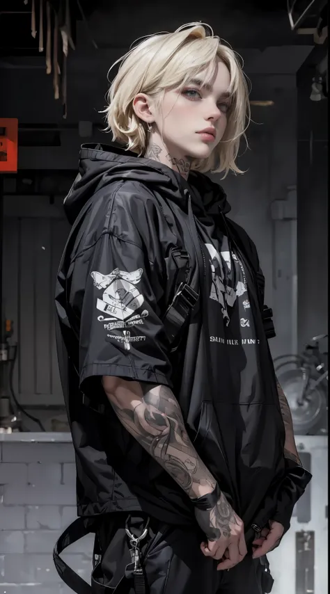 (品质最佳, 巨作)OriginalPhotographs,Fisheyes(rapper with blonde hair, tattooed,mechanic arms)techwear jacket,Hood,scrolls,black and white clothes,Very detailed,Cinematic,Glow,ultrasharp,Particle