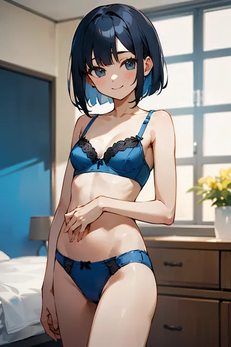 NSFW、with the best image quality、teenage girl standing in the room。black bob hair、cute smile.。small breasts、Cute Blue Bra、wearing cute blue panties。