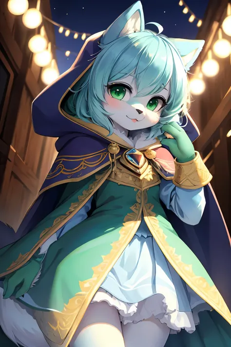 (furry:1.2), focus on face, cute cloak, beautiful lights and shadows, light blue fur, emerald green eyes,