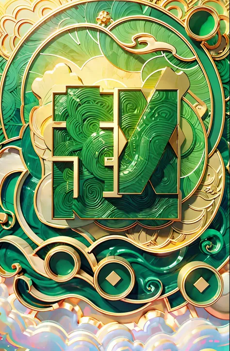 (number art, jade carving，jewellery design)，jade，gold, gold line, flowers， (chinese cloud pattern:1.2), (oriental elements, chin...