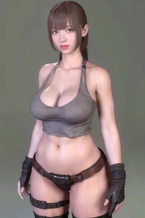 1girl, breasts, realistic, solo, navel, gloves, cleavage, tank_top, 3d, brown_hair, lips, midriff, penis, futanari, smile, muscular