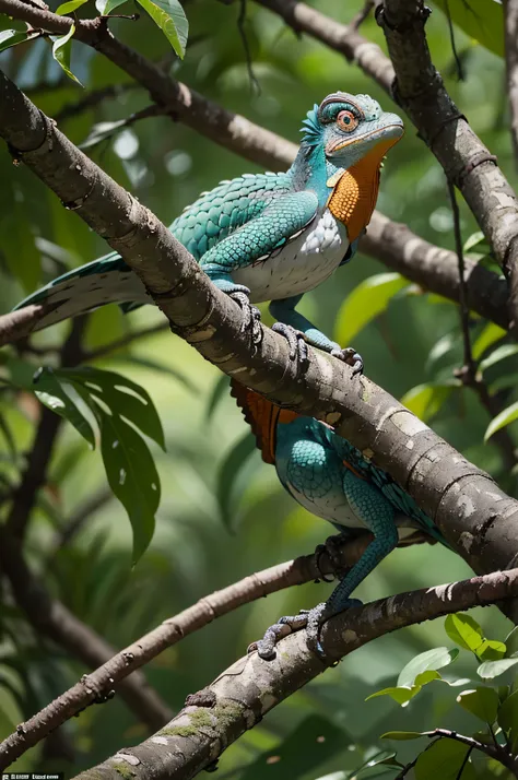 Represent a chameleon with the colors of an eagle, fundindo tons de marrom, preto e branco com detalhes de penas marcantes. Place the chameleon on a tree branch in a lush jungle, camuflado entre a folhagem enquanto observa o ambiente com olhos atentos.
