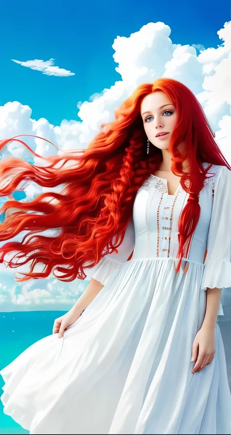 Red long hair in a white dress in the clouds