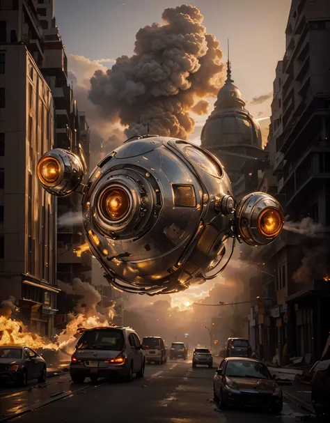 Art deco style flying spherical droid is metallic., Glossy metallic texture, has mechanical appendages, tiene ojos de cyborg morados, The sunset is in a city completely destroyed in flames., humo y escombros, Platillos voladores en el cielo, ultra realista...