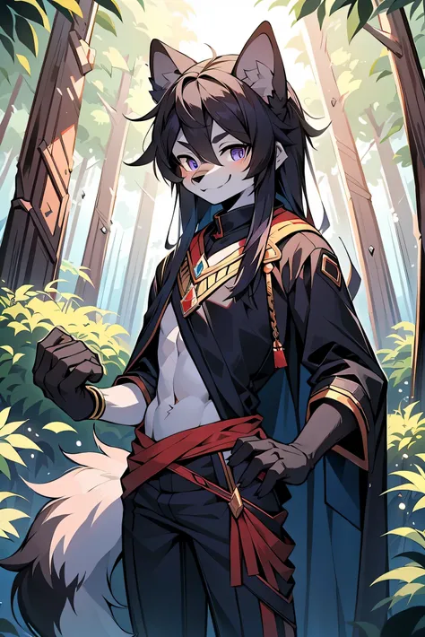 The male wolf is 180 cm tall，blue-purple eyes, , long black hair, end,  The upper body shows off the perfect figure，red and black clothes，with smile，two small ears，Fair-skinned standing ，in the woods