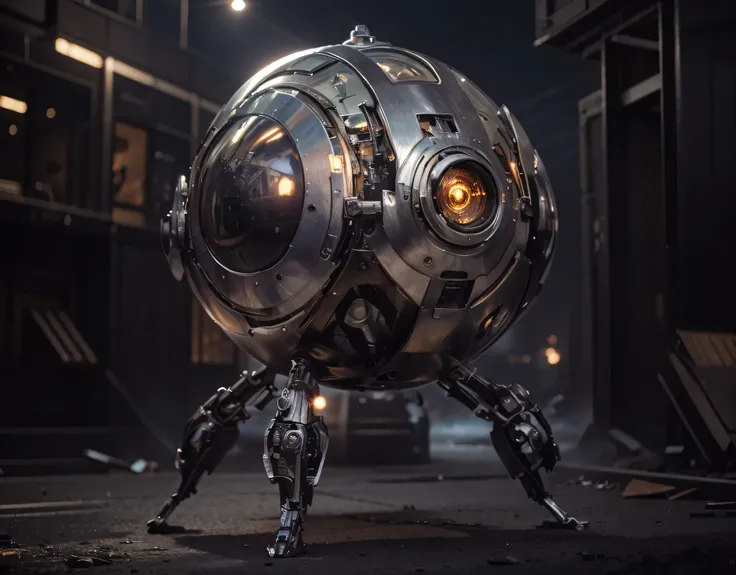 The spherical droid with small art deco style legs is metallic, Glossy metallic texture, has mechanical appendages, tiene ojos de cyborg morados, sensores con cristal violeta, antenas, The sunset is in a city completely destroyed in flames., humo y escombr...