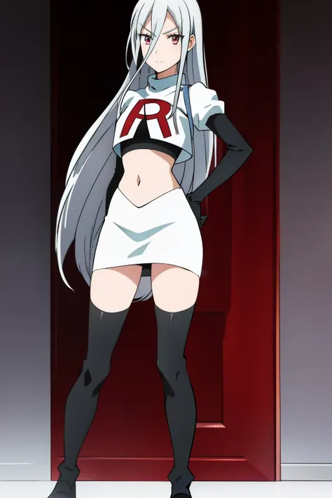 1girl, silver hair, hair between eyes, long hair, looking at viewer, silver hair, solo,leona_miyamura, team rocket,team rocket uniform,white skirt,red letter R,crop top,black thigh-highs,black elbow gloves