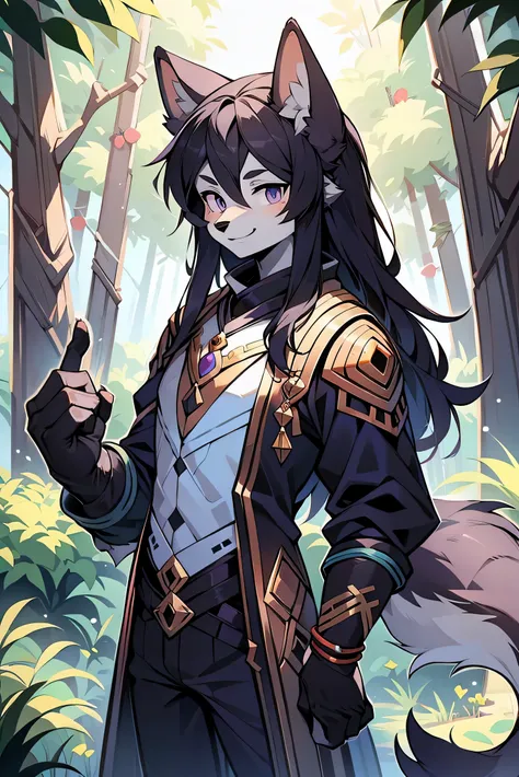 The male wolf is 180 cm tall，blue-purple eyes, , long black hair, end,  The upper body shows off the perfect figure，Purple and gold clothes，with smile，two small ears，Fair-skinned standing ，in the woods