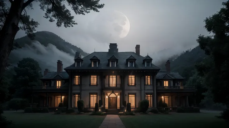 Create an illustration of the Blackwoods mansion shrouded in mist under the light of a full moon, with ghostly wails echoing across the surrounding hills. 8k, high resolution,