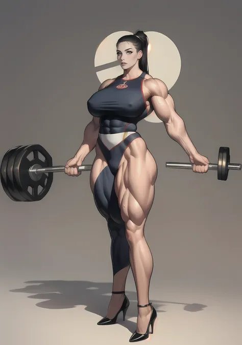 masterpiece，（Full body like:1.1），Burly woman，Exaggerated large muscles，Beautiful and charming Chinese woman face，white stockings，Pointed-toe heels， 1female，Thin waist，Very broad shoulders，Huge latissimus dorsi， Strong and powerful arms，Stout arms，Thick and...