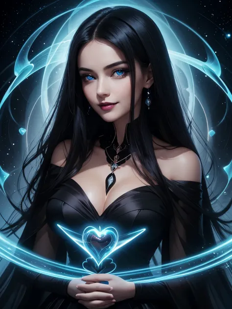 Portrait, beautiful woman with black hair and a silky black dress, wearing a large heart-shaped necklace, hourglass figure, symmetrical figure, highly detailed face, beautiful face, calming blue eyes, lush black lips, smiling, alluring, stunning digital il...