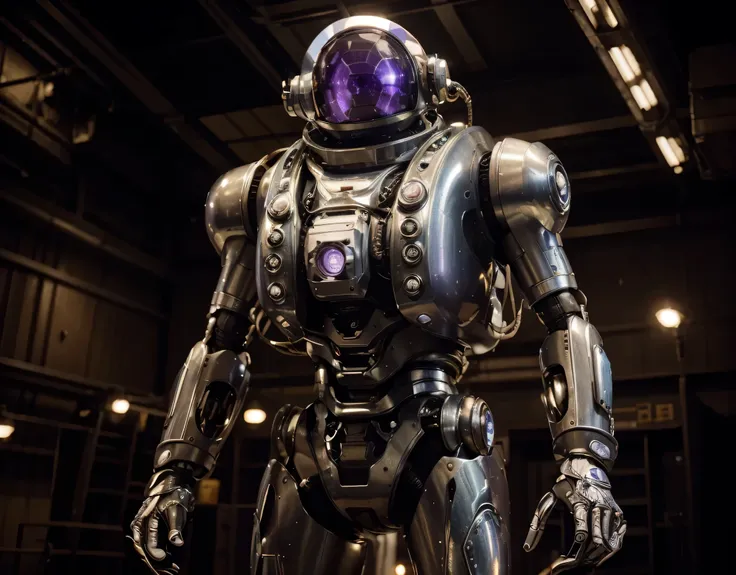 The art deco style spherical heavy robot is metallic., Glossy metallic texture, piernas y brazos blindados, Muchos tubos y cables rodean su cuerpo., vidrio con luz violeta brillante, antenas, He&#39;s in a sci-fi alien military hangar., muchos cables y tub...