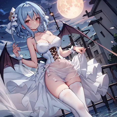 Remilia toho character, (solo:1.2), (standing on deck of mansion:1.1), a full moon, midnight, BREAK, short hair, collarbone, (very perky large breasts), (emphasize cleavage), (inconceivably thin waist:1.3), (very short thin torso:1.2), very long (thin legs...