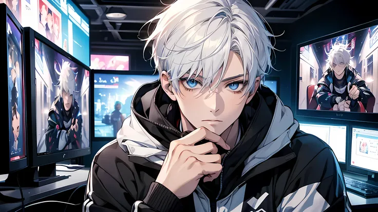 Best quality: 1.0), (Super High Resolution: 1.0), Anime boy, short white hair, blue eyes, sitting in front of the computer playing games, background in the esports room, perfect face, detailed face, detailed eyes, detailed nose