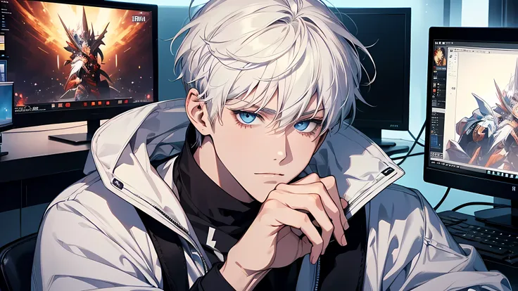 Best quality: 1.0), (Super High Resolution: 1.0), Anime boy, short white hair, blue eyes, sitting in front of the computer playing games, background in the esports room, perfect face, detailed face, detailed eyes, detailed nose