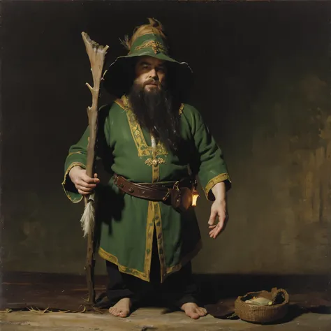 8k, photo of the most beautiful artwork, Forground: a dwarf male with a beard standing barefoot in luch grass holding a Druid Staff made of wood, he is wearing a green coat with a belt at the waist, pouches, wizard hat with a feather in it. Background: A l...