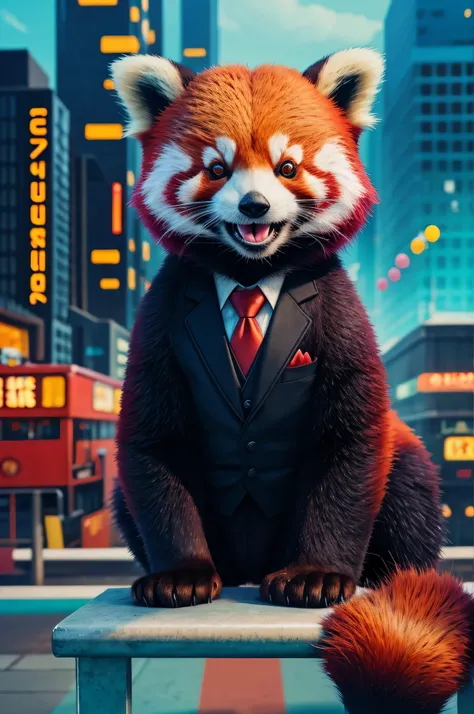 panda vermelho, mascar chiclete, Vestindo um terno, com cores vibrantes, pele detalhada, sharp focus, Bright lighting, illustration style, com um fundo da cidade, vivid palette