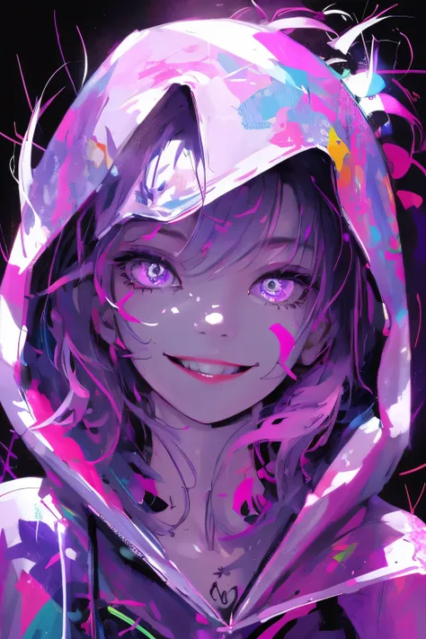 Detailed background, masterpiece, best quality, Smile, decoration, hood, portrait, neon pink, Graffiti, dark, night, Bright Eyes, Purple light