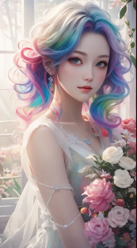 a girl，rainbow colored hair，romanticized nature，curls，a dreamlike realm，light white and light red，very good atmosphere，exquisite...