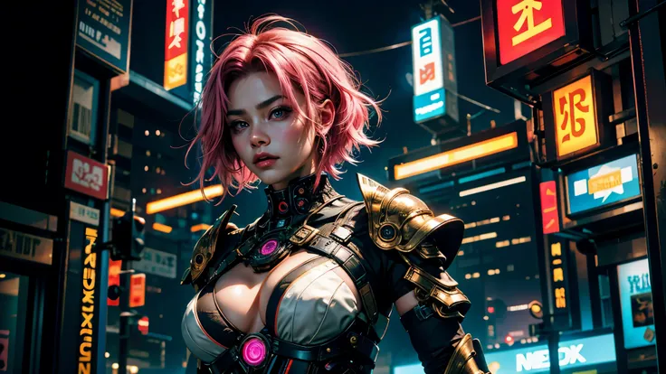 (Top Quality, High-Resolution) - This stunning image showcases a breathtakingly detailed and ultra-realistic portrait of a female samurai adorned in a futuristic, mechanized armor. Every aspect of this cyberpunk-inspired masterpiece is meticulously crafted...