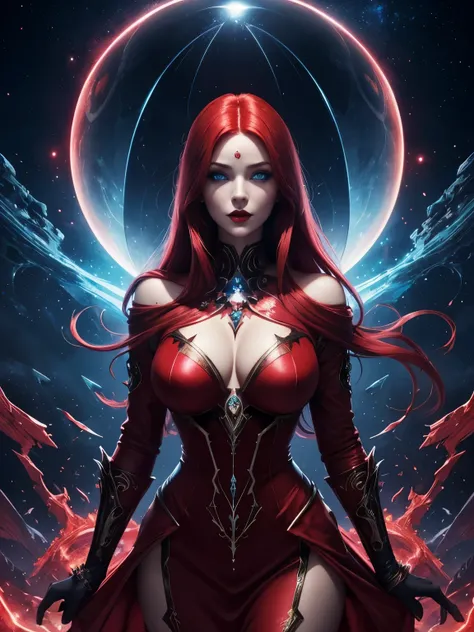 Portrait, beautiful corrupted enchantress with red hair and a red dress, hourglass figure, symmetrical figure, highly detailed face, beautiful face, blue eyes, lush red lips, alluring, stunning digital illustration, mysterious quantum environment, cosmic e...