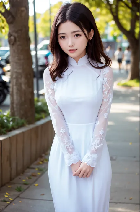 Beautiful girl in vintage color ao dai , masterpiece, highest quality, realistic:1.3, street, Have a bunch of Adubon flowers, sunlight, Backlight, vignette, whole body