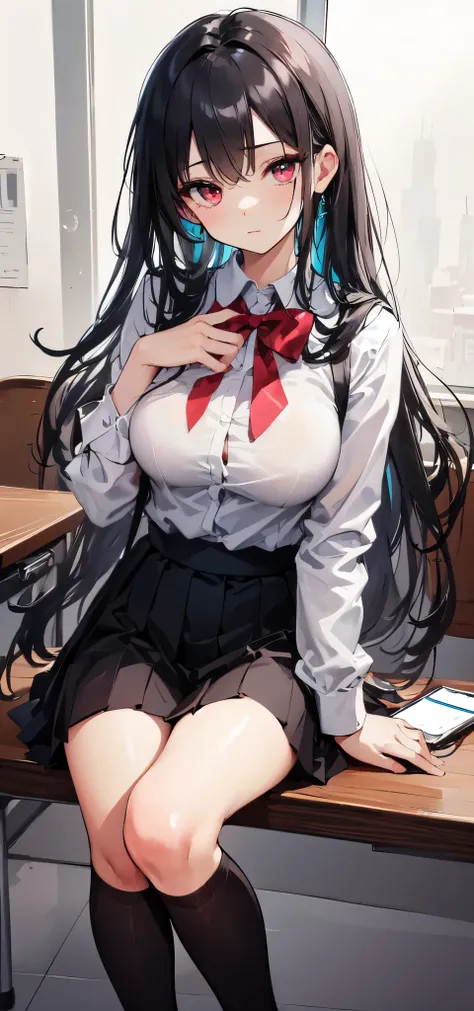 ((masterpiece, best quality)), High resolution, distinct image, (1girl), (solo), (female Focus), sitting, watching cellphone, (looking at cellphone), (gotich style, black school uniform, eye patch, black backpag), (long black hair), (red eyes), (eyelashes)...