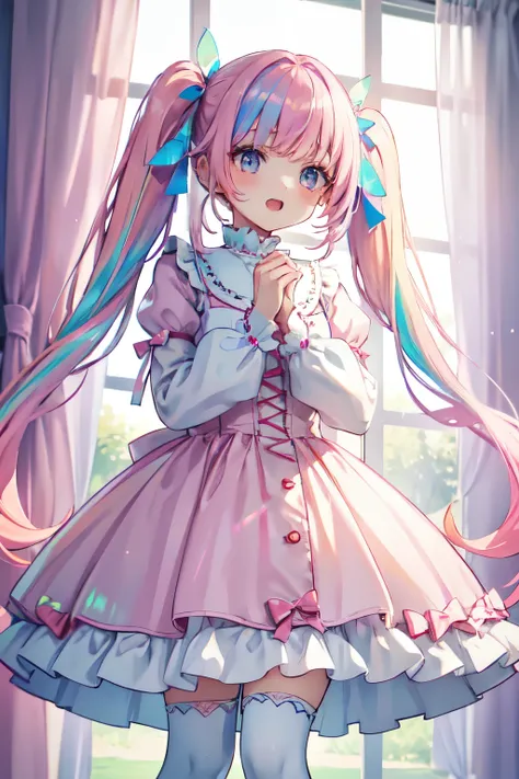 (8K, Best Quality, Master Piece: 1.2), Super High Resolution,beautiful woman, super detailed face, detailed eyes,(pink hair, light blue multicolored hair),blunt bang,twintails,open mouth,BREAK,candy and stripes patterned lolita fashion,white knee-high sock...