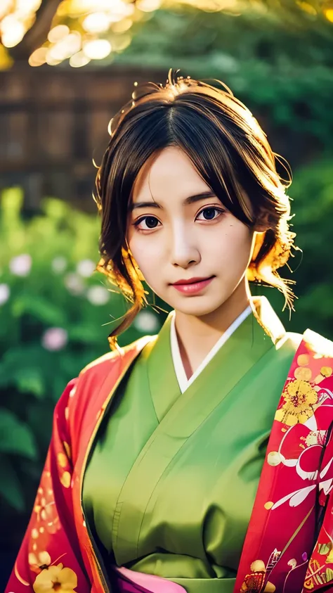 1 Japanese girl，masterpiece， A lock of hair with slight highlights, black eyes, mixed media, Sexy，garden background，Gorgeous kimono , Liquid color flows across her face, sunset，Yui Aragaki