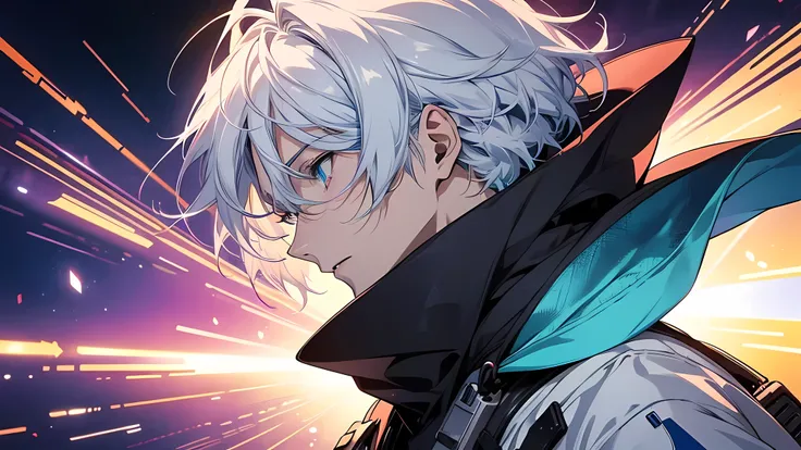 anime character with white hair and blue eyes in a space setting, official artwork, high detailed official artwork, detailed key anime art, best anime 4k konachan wallpaper, key anime art, trigger anime artstyle, handsome anime pose, profile picture 1024px...