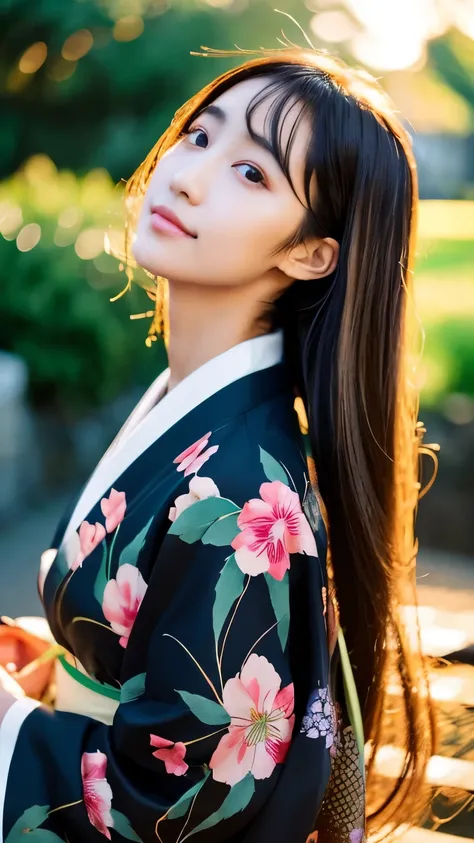 1 Japanese girl，masterpiece， A lock of hair with slight highlights, black eyes, mixed media, Sexy，garden background，Gorgeous kimono , Liquid color flows across her face, sunset，Yui Aragaki