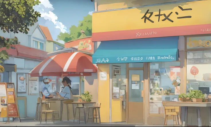 anime-style illustration of a street corner coffee shop, cheerful landscape, anime background art, colorful anime movie backgrou...